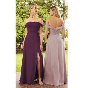 Sangria Off the Shoulder Chiffon Dress with Slit Size: 10 Style 22104